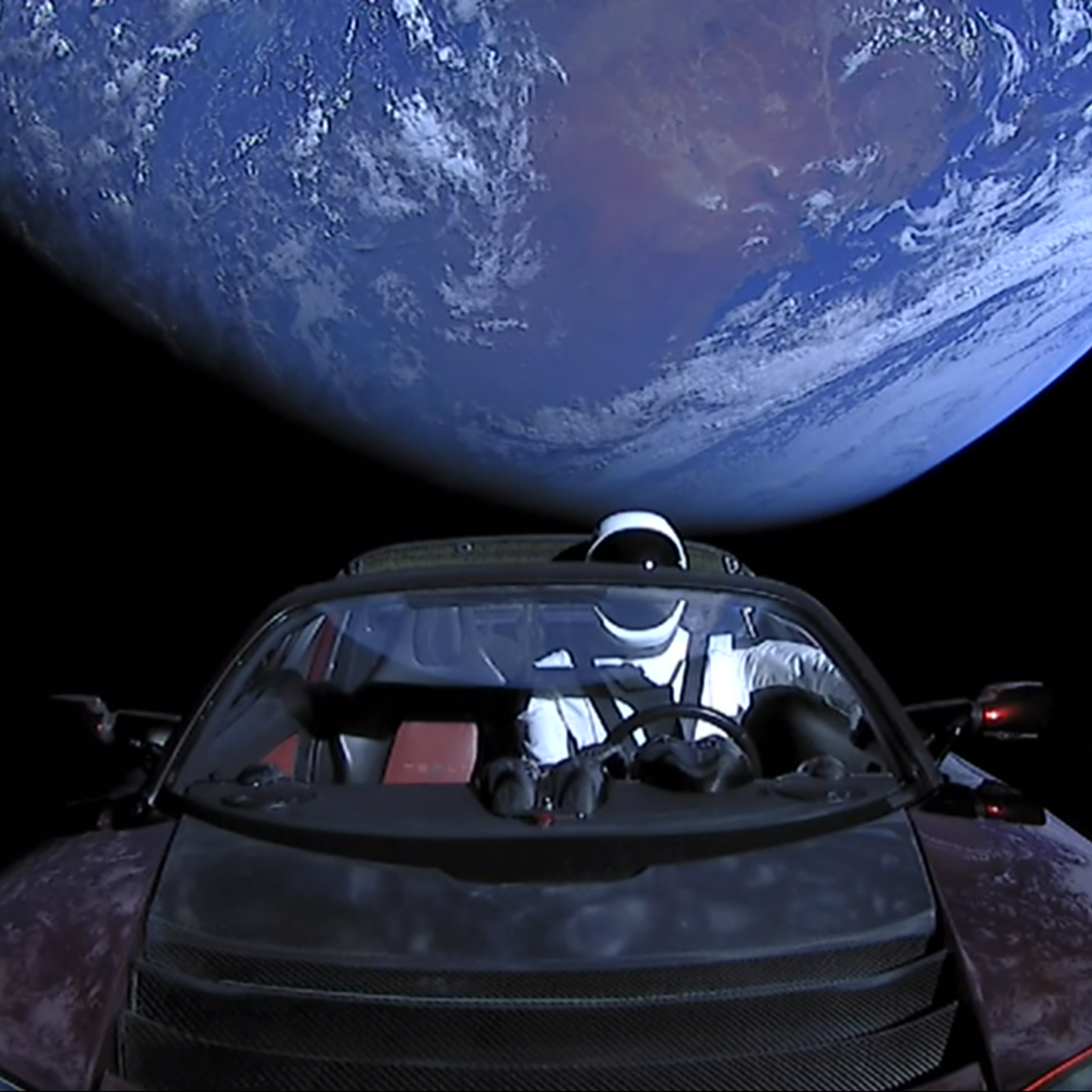 2048x2048 Tesla Roadster Into Space With Space Suit Man Ipad Air HD 4k