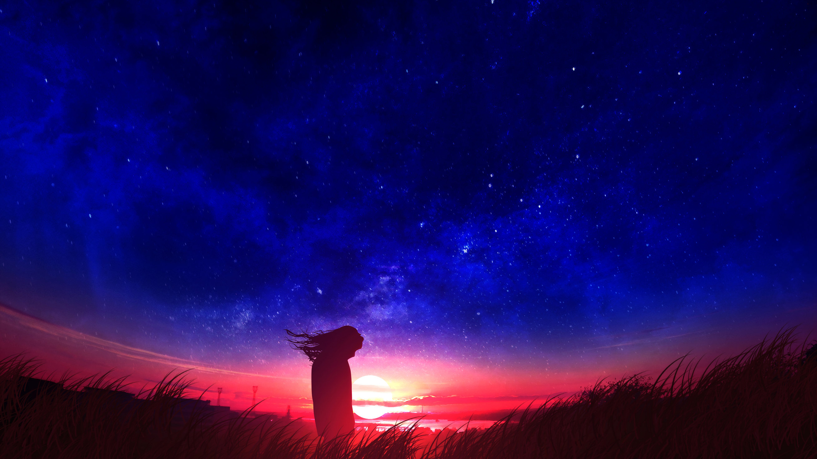 1920x1080 Anime Girl In Field Silhouette Sunset Laptop ...