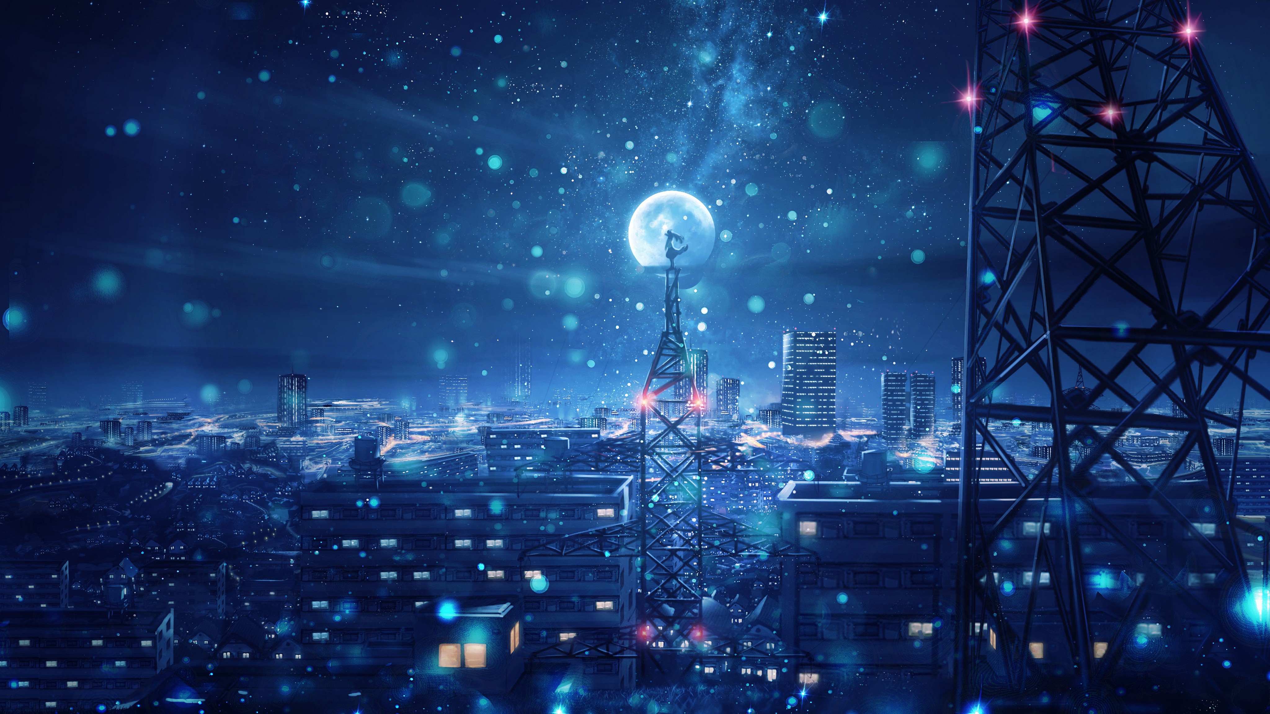 Blue Night Big Moon Anime Scenery 4k, HD Anime, 4k ...