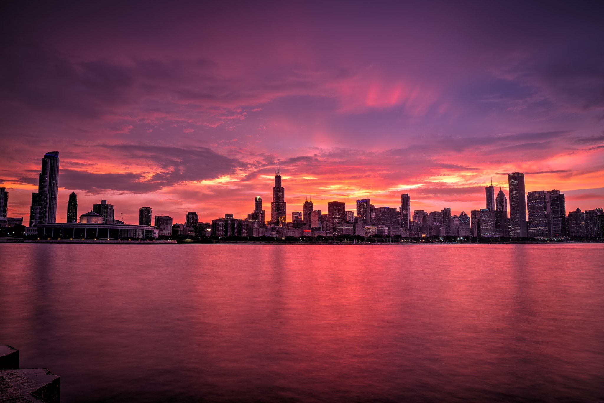 Chicago Buildings Evening Lights Skycrapper Sunrise Hd World 4k