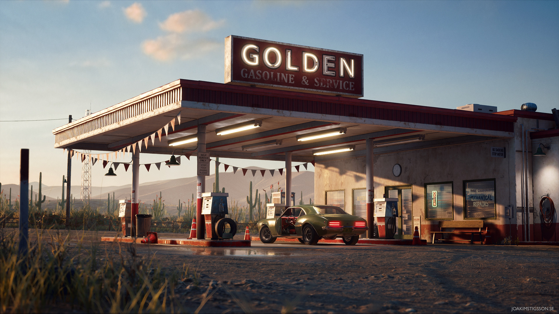 Golden Gasoline Desert Gas Station, HD Artist, 4k Wallpapers, Images