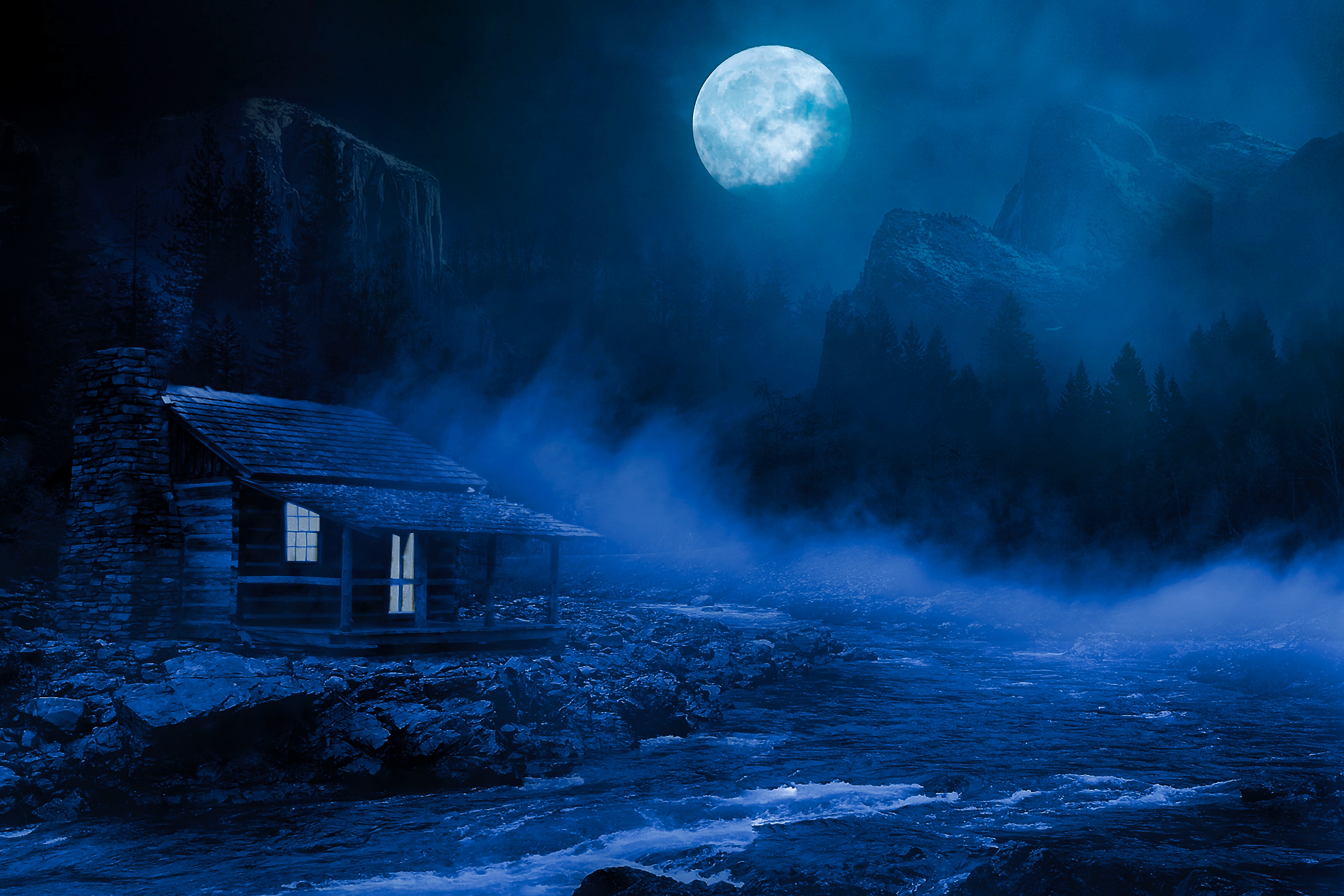 House Night Full Moon Fantasy Lake Flowing On Side 5k, HD ...