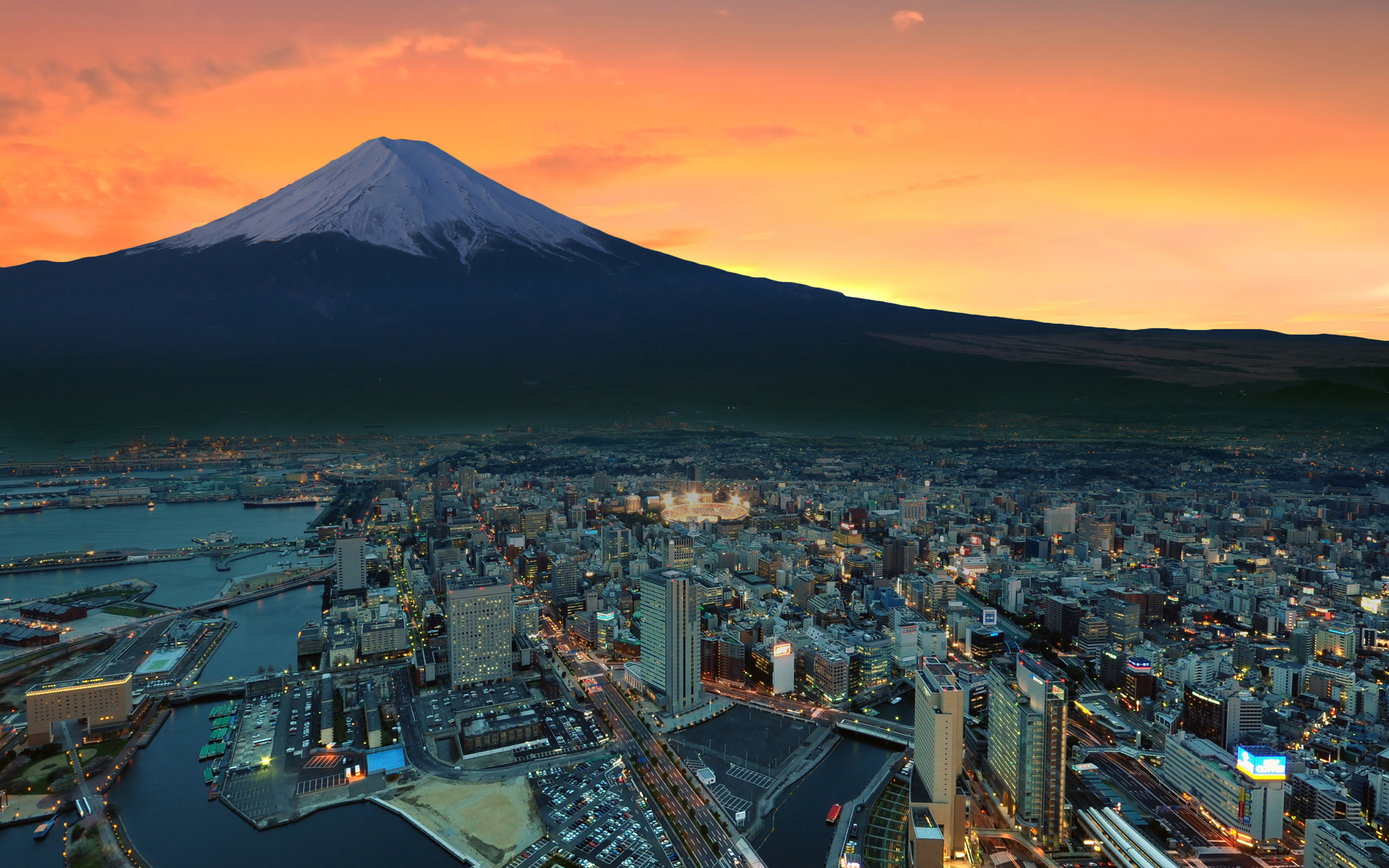 Mount Fuji Snowy Peak Japan Sunset City, HD World, 4k Wallpapers