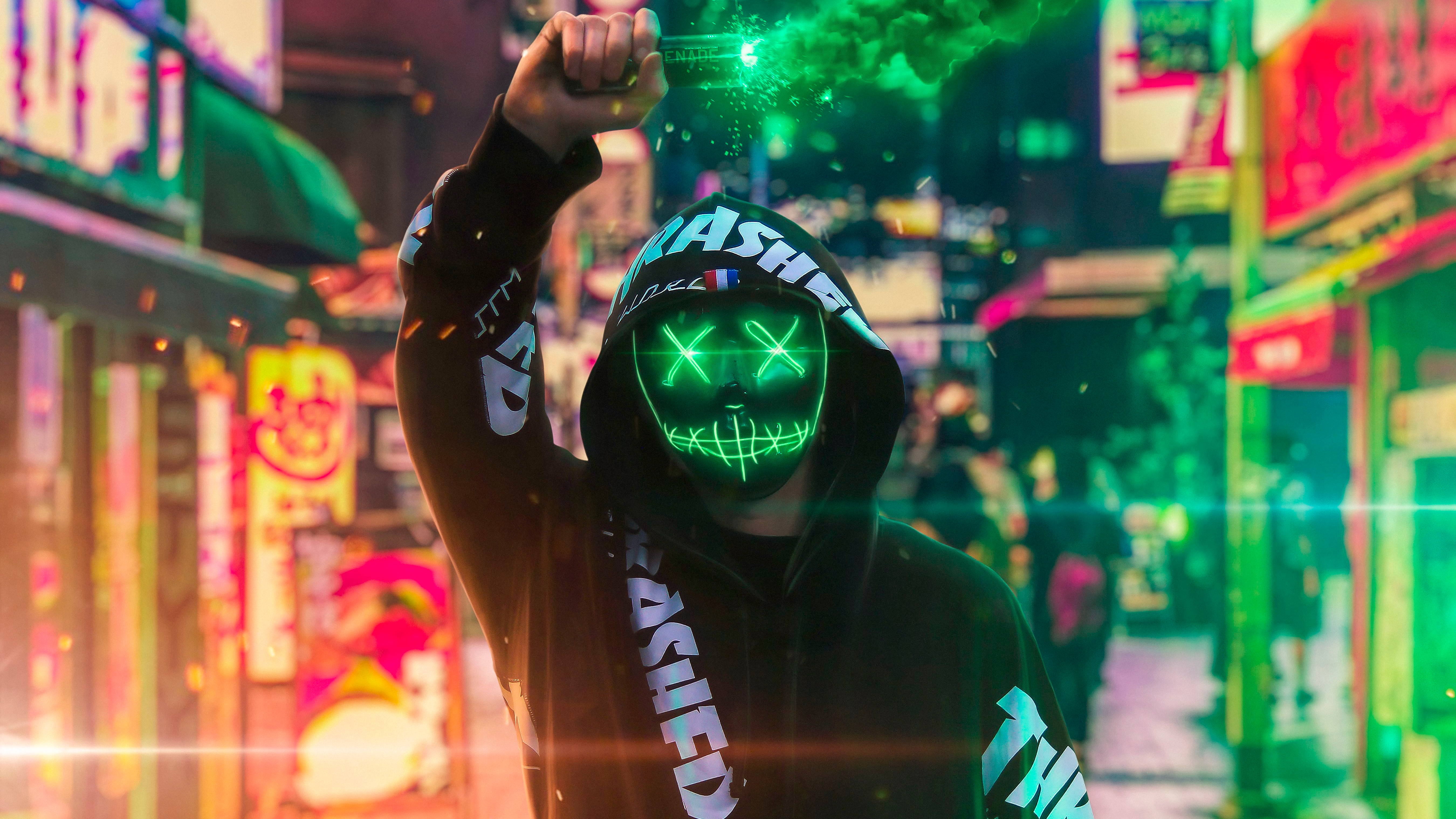 Neon Mask Guy With Green Smoke, HD Artist, 4k Wallpapers ...