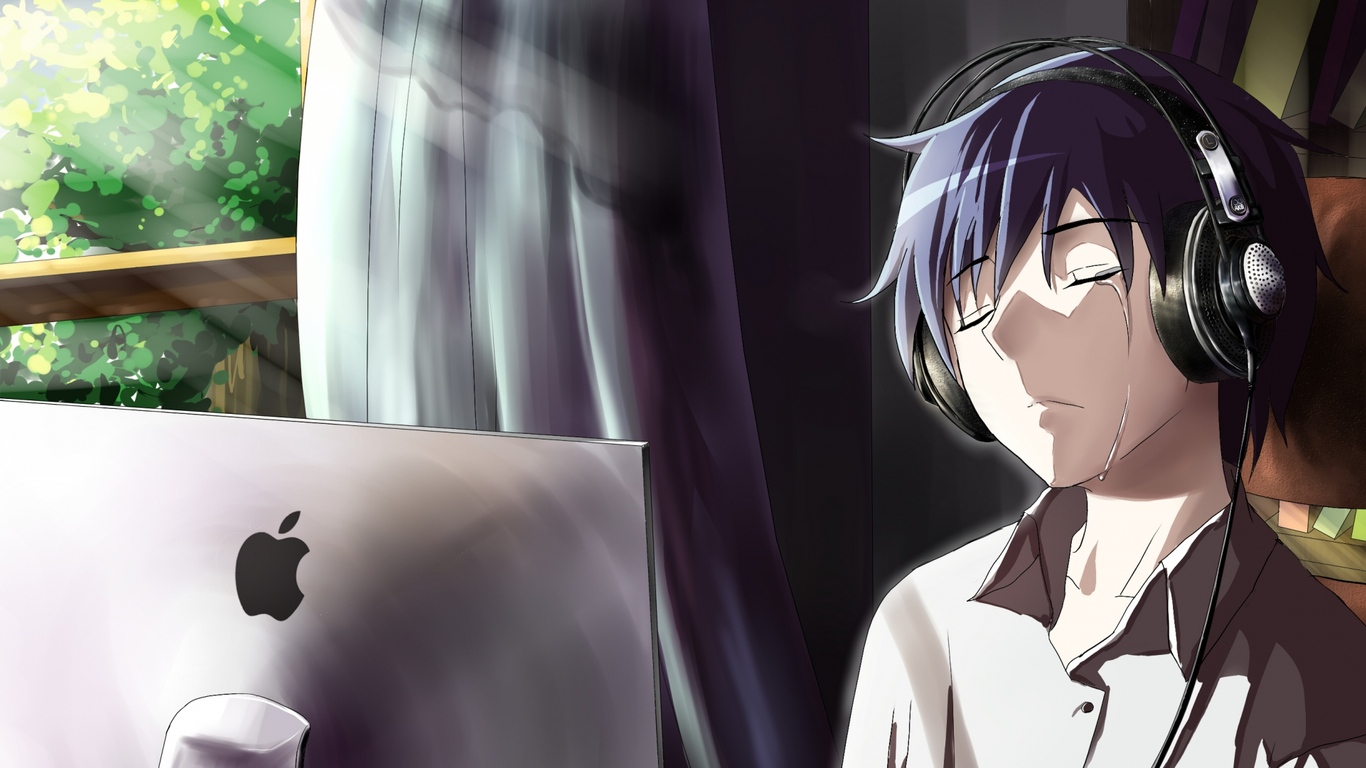 1366x768 Anime Boy Crying In Front Of Apple Laptop ...