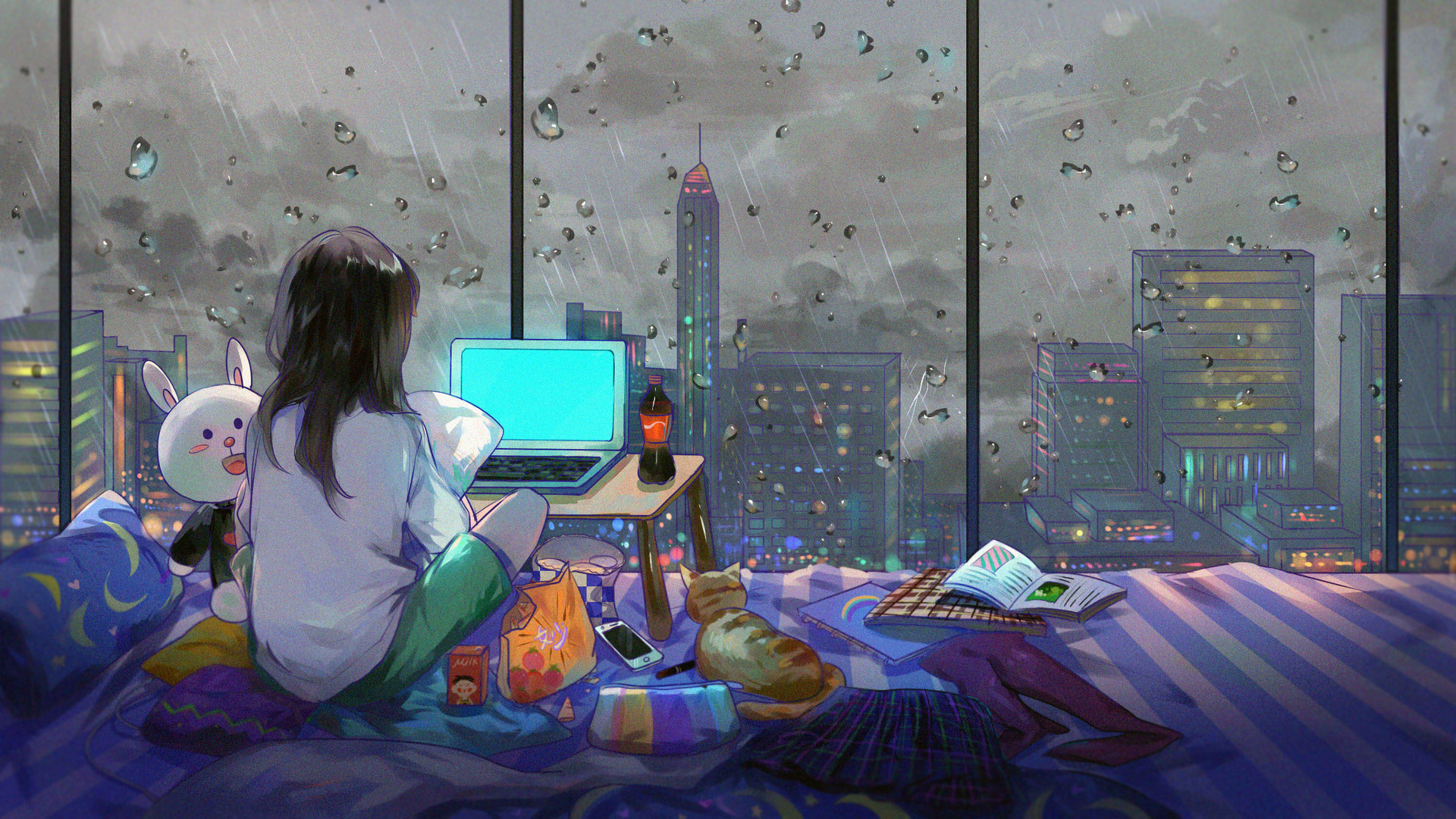 1920x1080 Anime Girl Room City Cat Laptop Full HD 1080P HD 4k