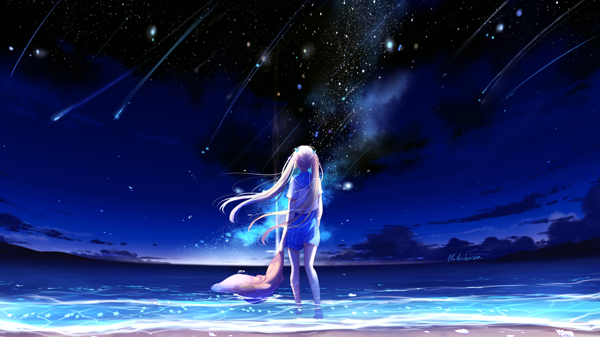 2048x1152 Animegirl Night Sea Stars Fantasy 2048x1152 ...
