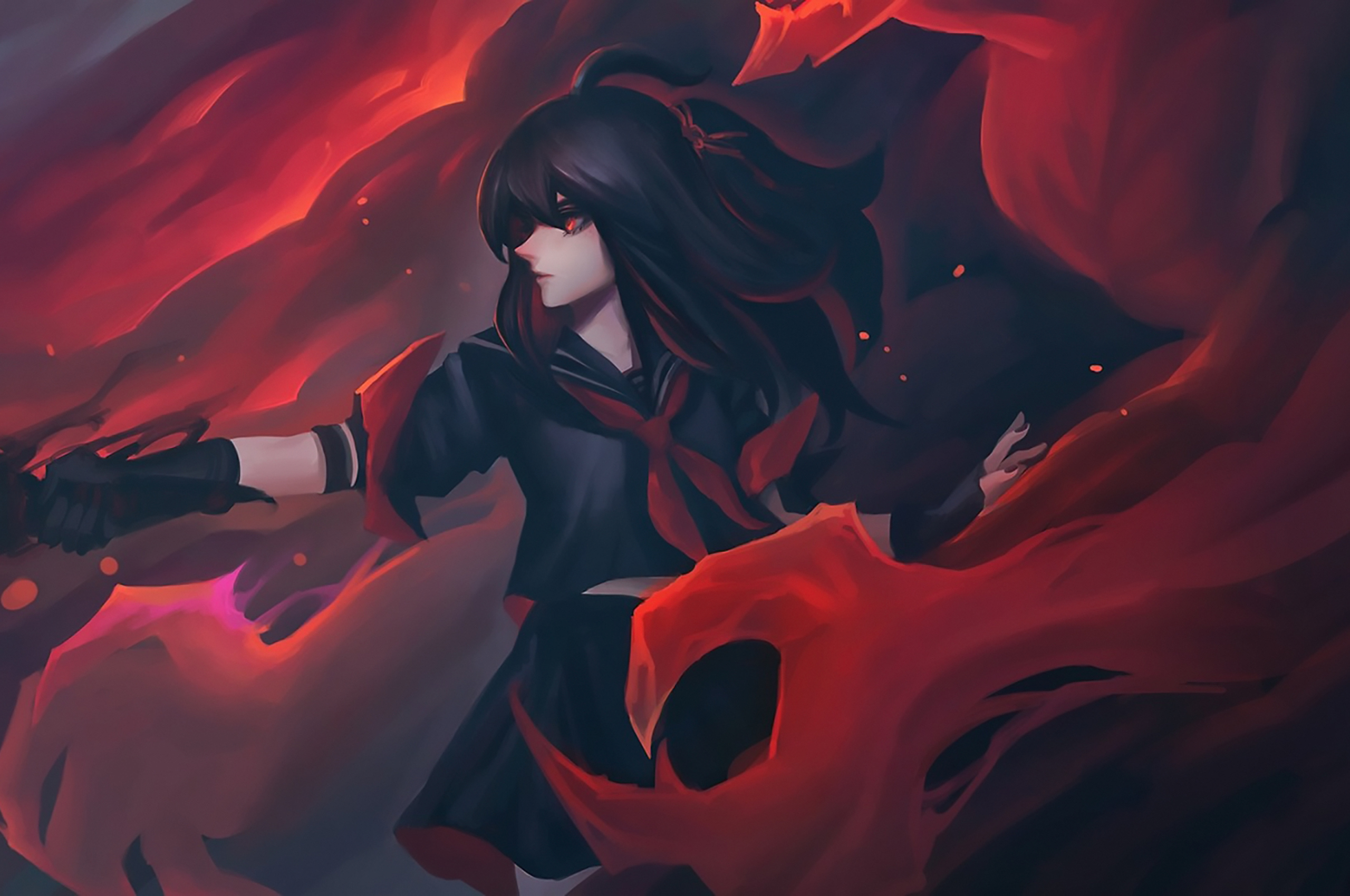 2560x1700 Girl With Sword Red Eyes Background Anime ...