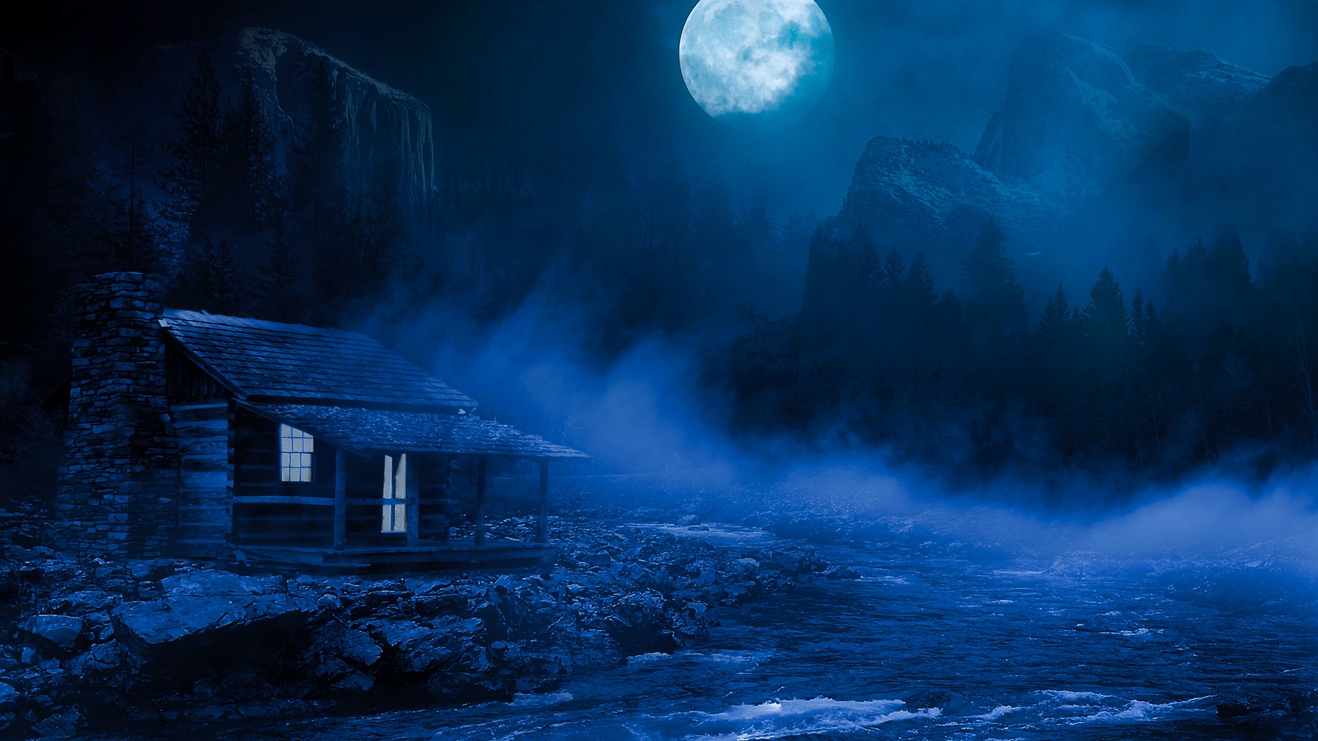  1920x1080  House Night Full Moon Fantasy Lake Flowing On 