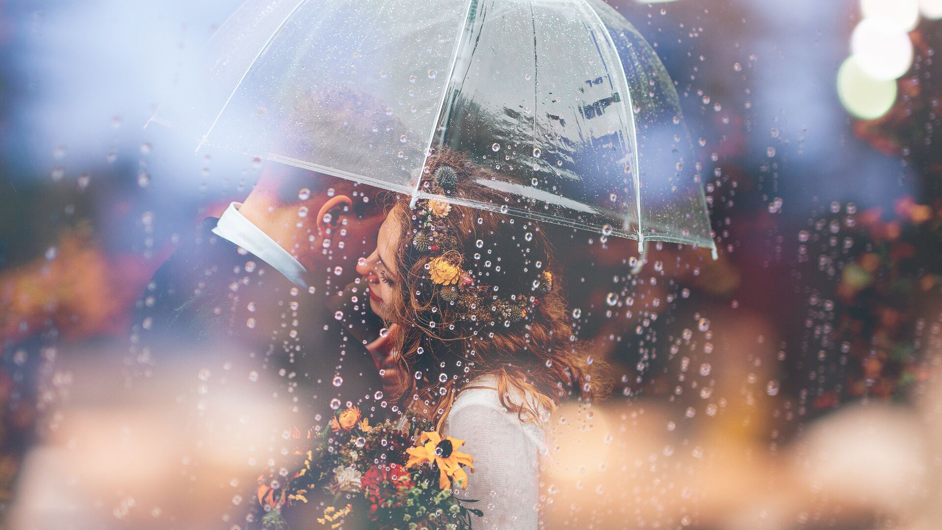 1920x1080 Married Couple Romantic Umbrella Raining Weeding Laptop