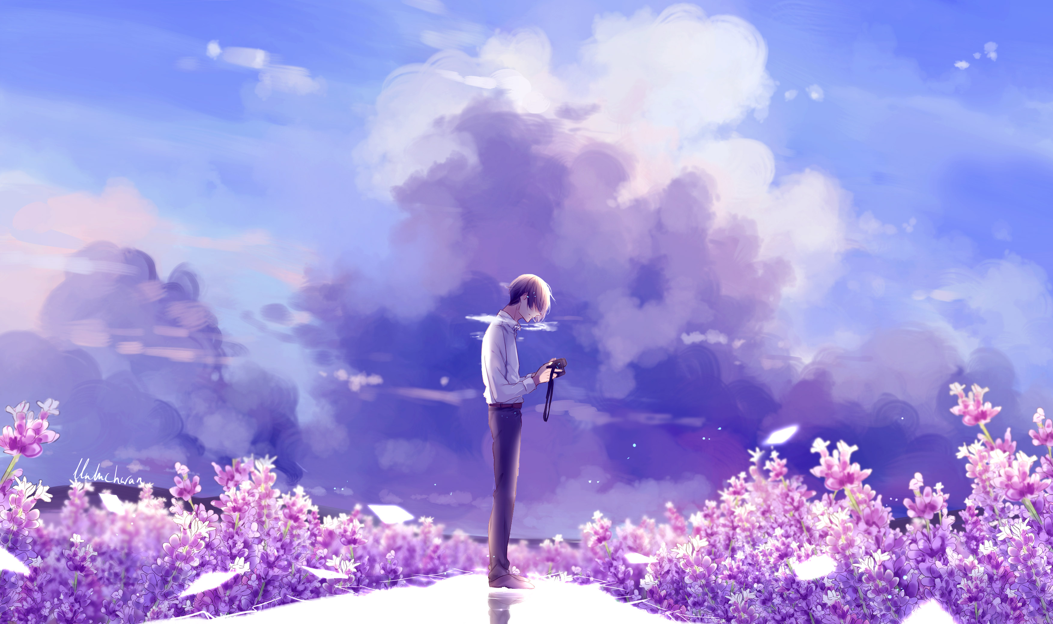 Animeguy Animemanga Clouds Digital Flowers Illustration Lavender, HD