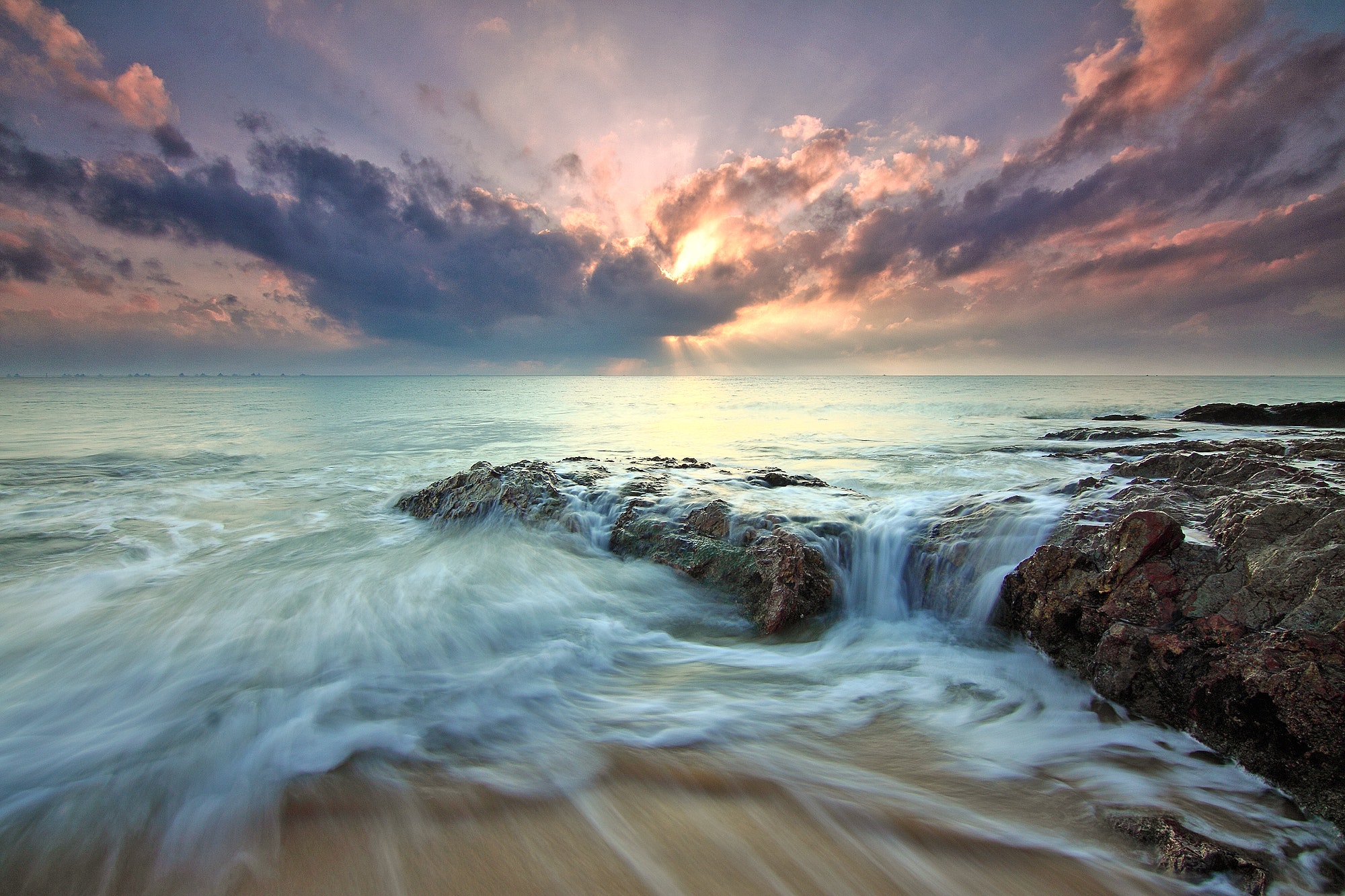 Beach Sea Dawn Dusk Landscape Ocean Rocks Sunlight, HD Nature, 4k