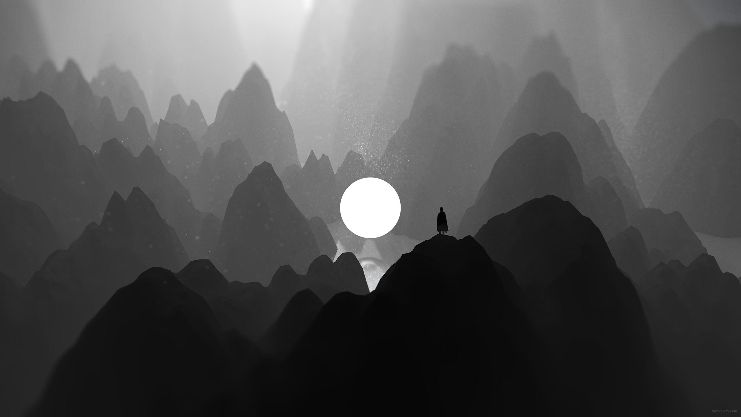 2560x1440 Black And White Moon Man Standing On Mountain Artwork