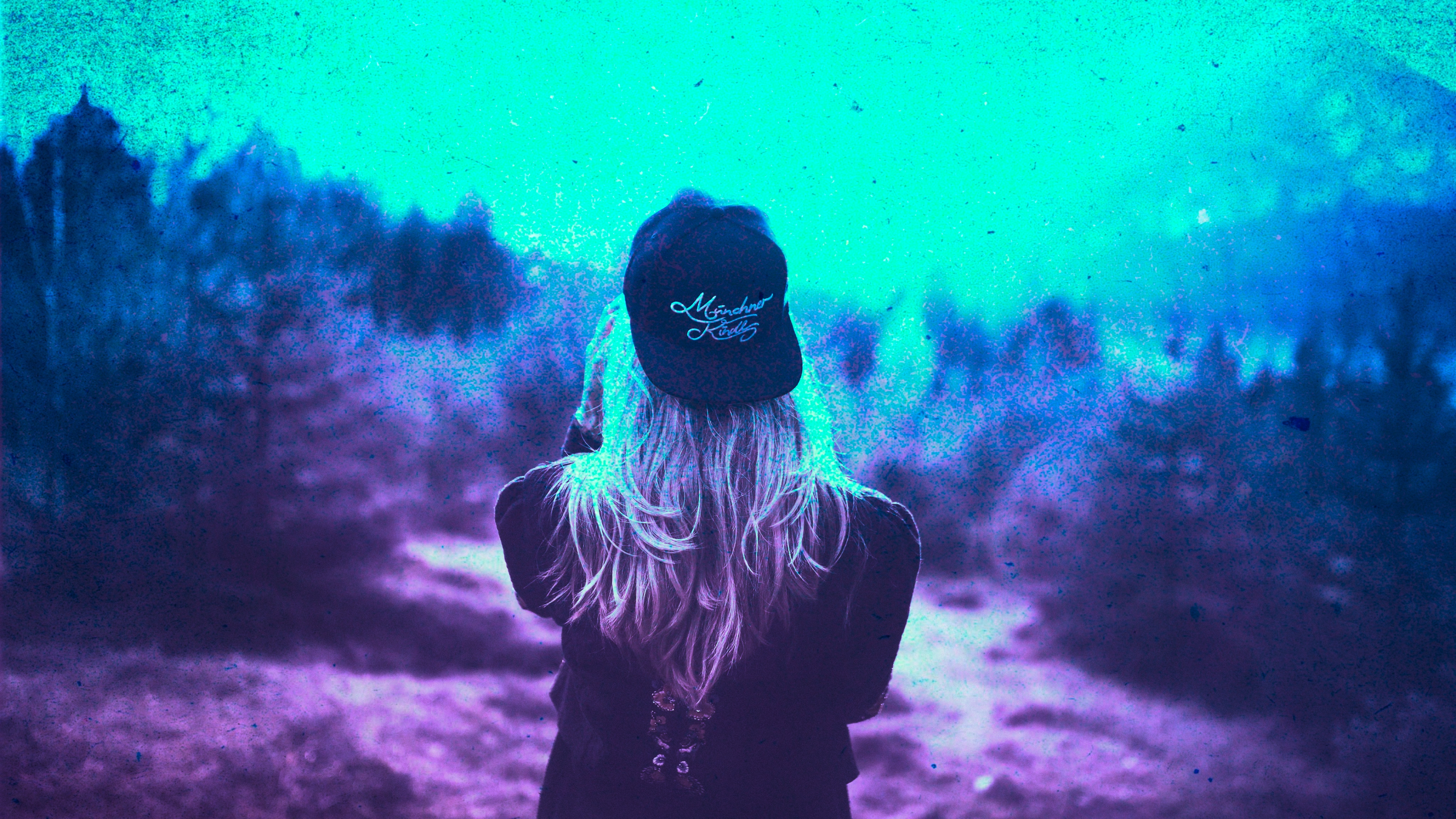 Blonde Girl Cap Colorful Cyan Photography, HD Photography, 4k