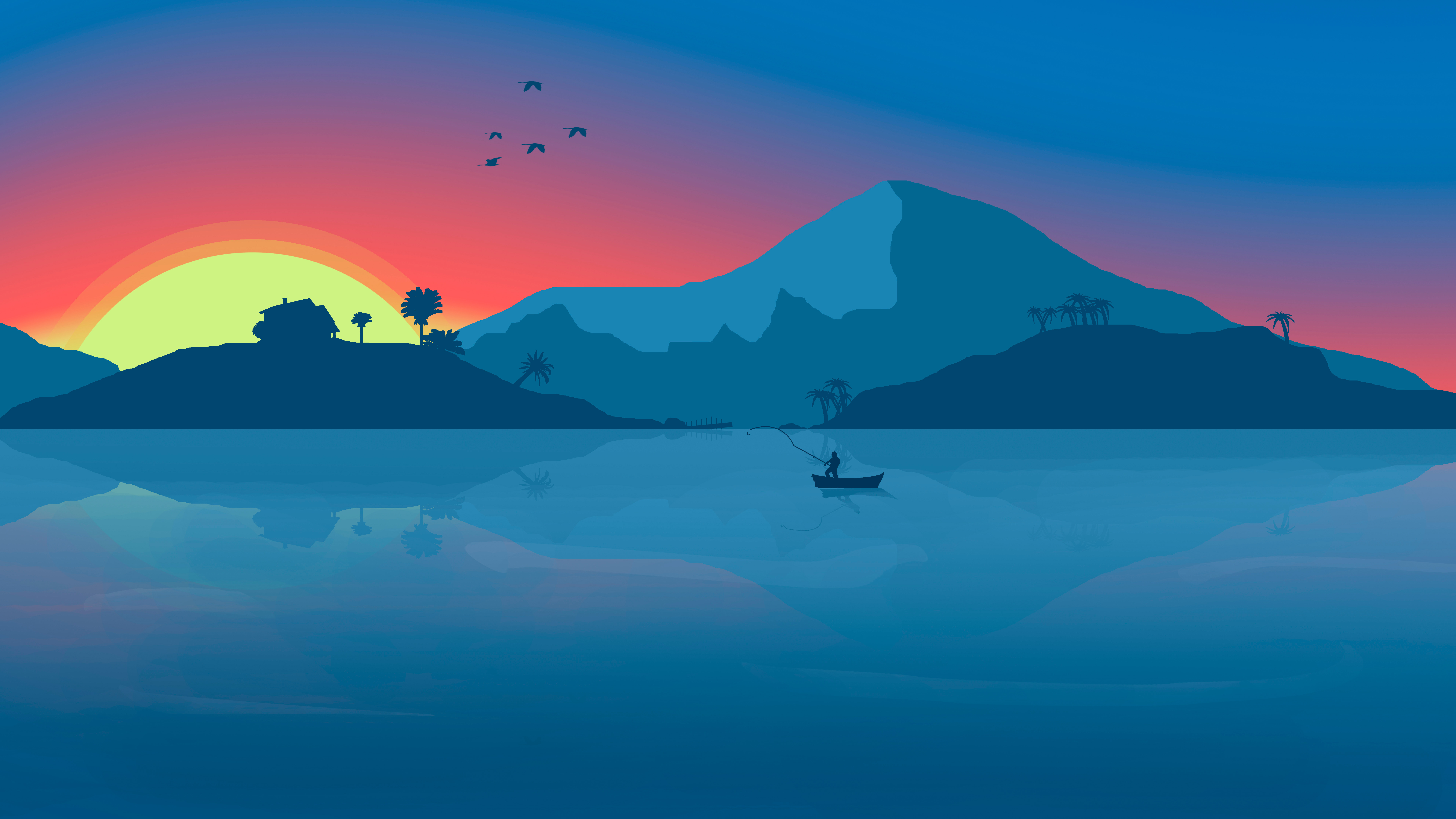 Minimalist Beach Boat Mountains Sunset Birds 8k HD Artist 4k 